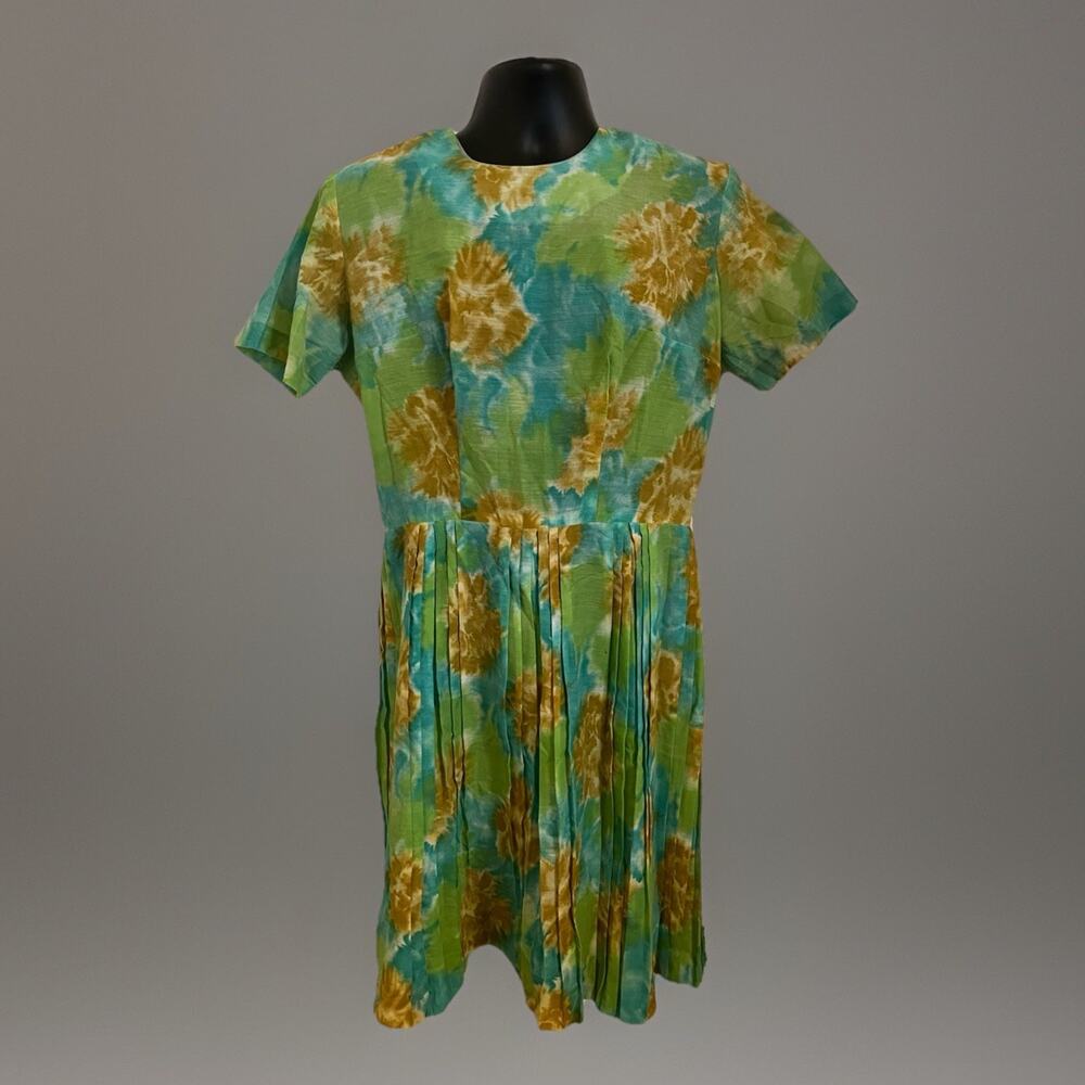 VTG 1950s Fairy Swing Day Dress Handmade Floral Hand Dyed Green Gold Boxy Zip